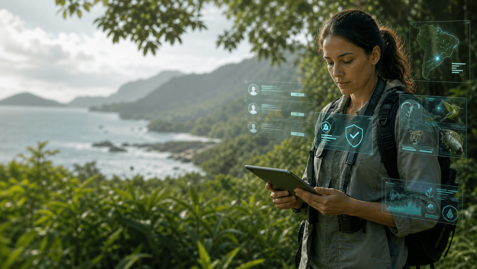 Biologa em campo usando tablet com dados ambientais.