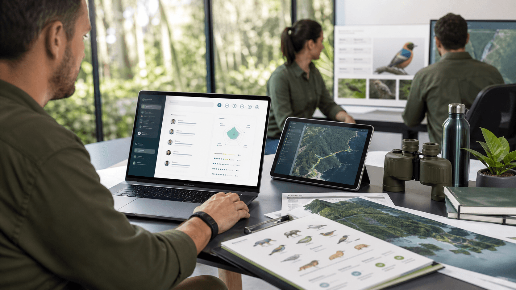Equipe ambiental analisando candidatos, mapas e dados tecnicos em um painel digital.