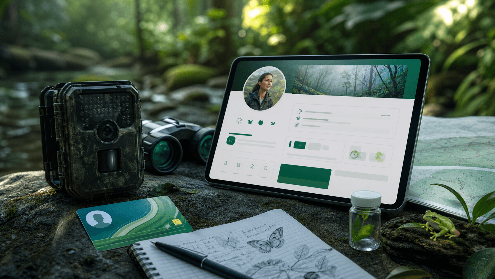 Equipamentos de campo e painel digital de perfil profissional de biologia.